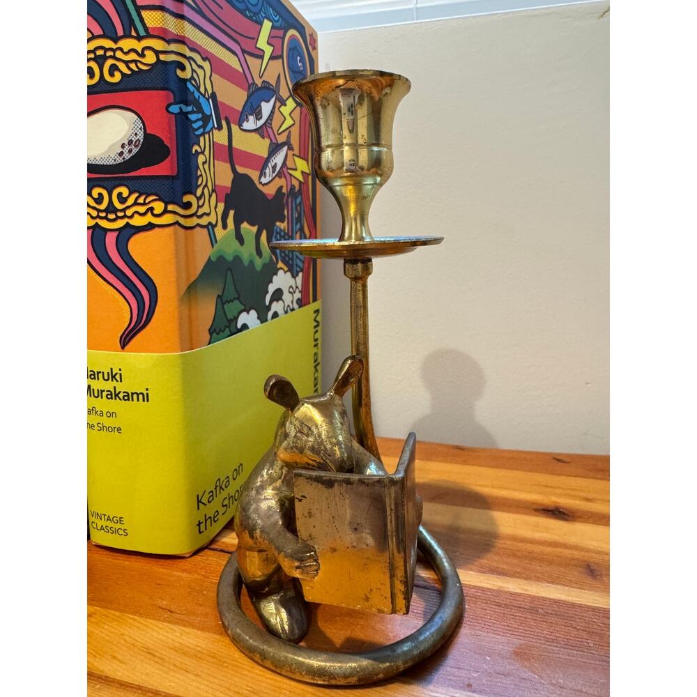 Vintage Brass Mouse Reading Book Candlestick Holder
